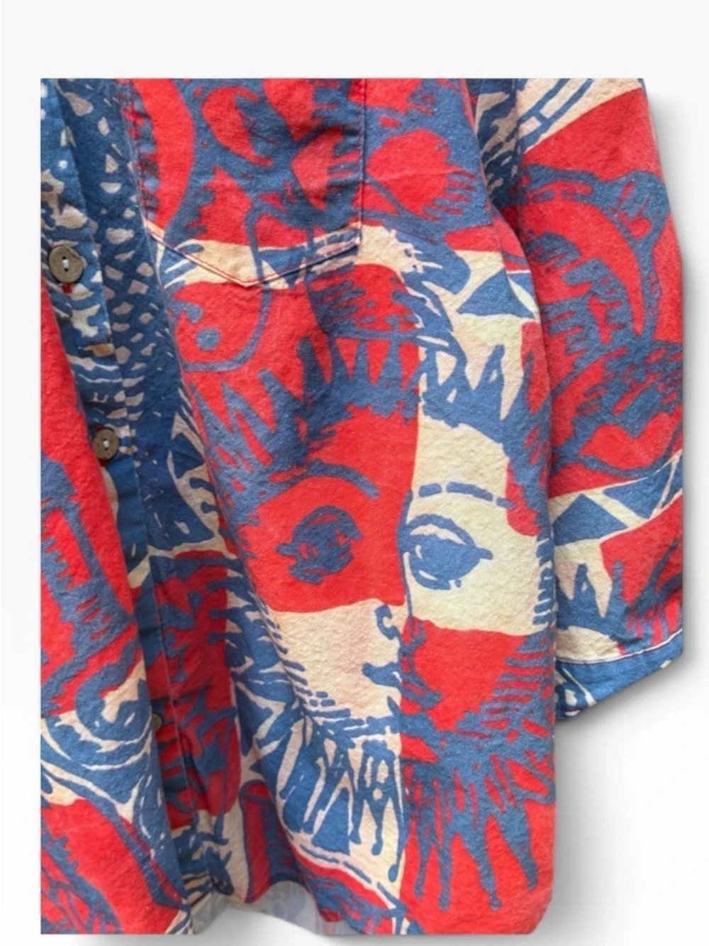 Plushcarpet Bohemian Ethnic Collage Art Pattern Abstract Print Button Down - Picture 7 of 9
